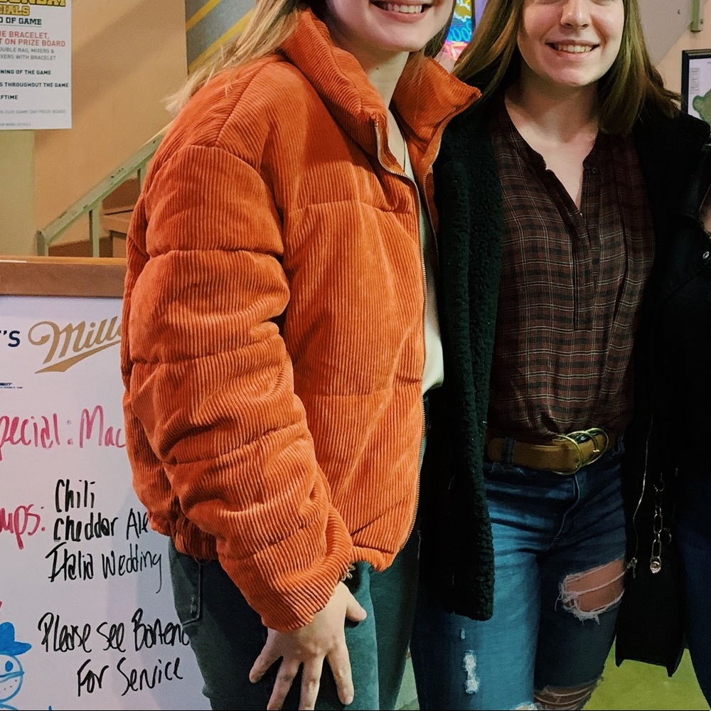 Orange corduroy puffer jacket